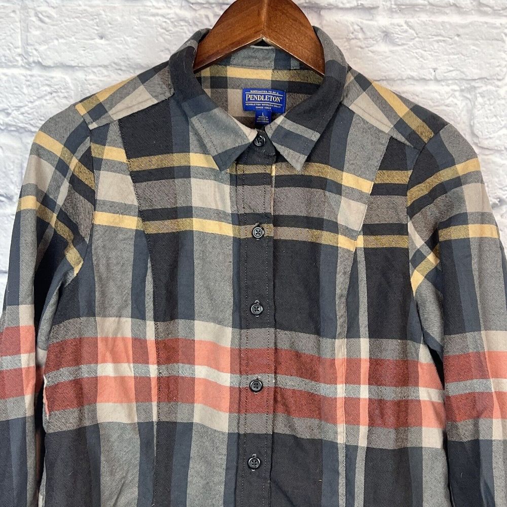 Pendleton Women Gray Plaid Virgin Wool Long‎ Sleeve Shirt Button Shirt Sz Large